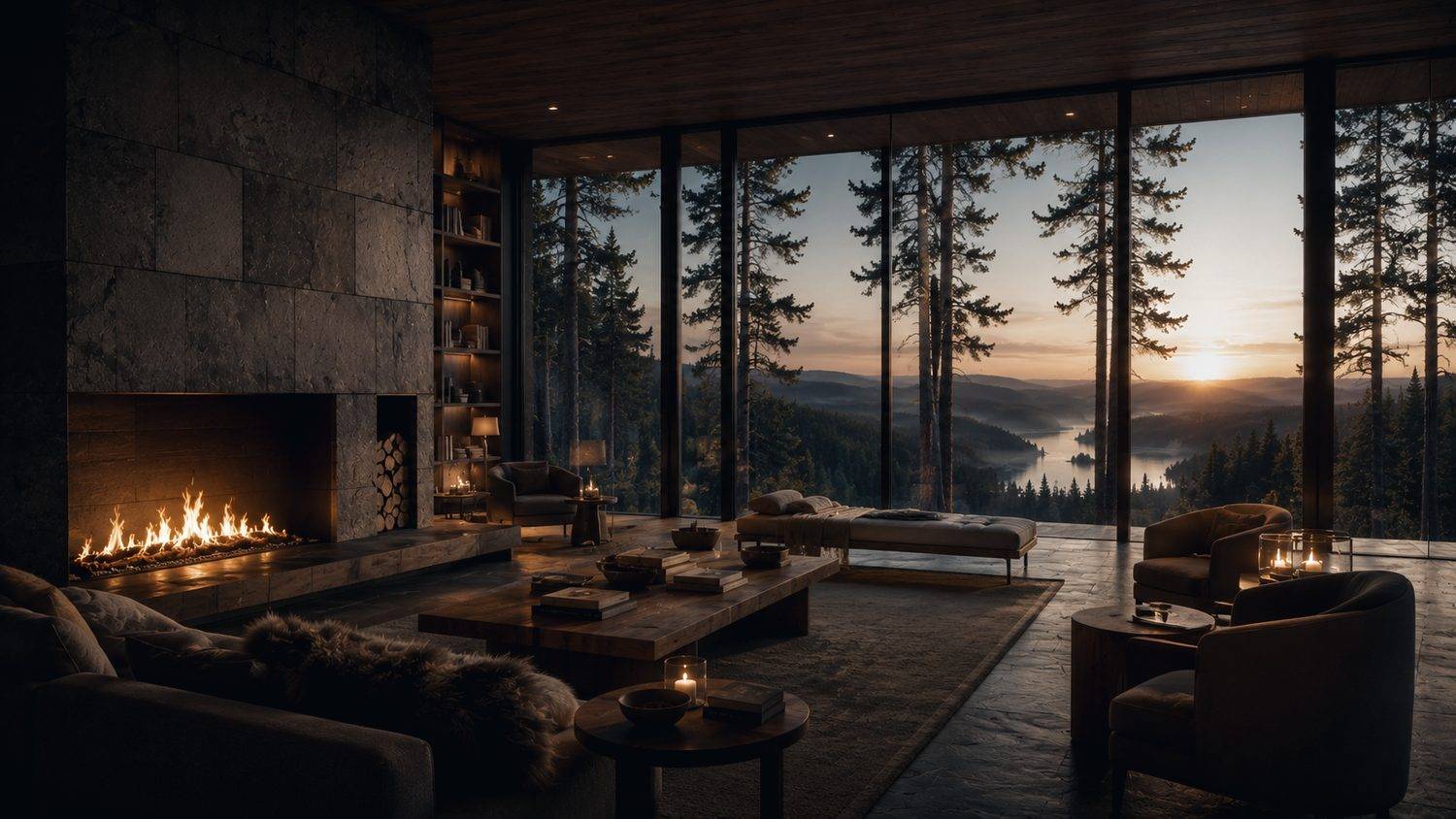 The long room, fire and the lake beyond
